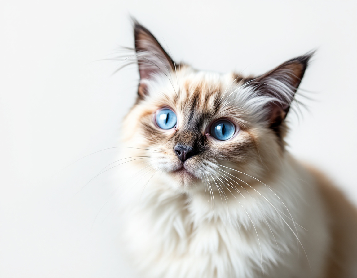 Close-up portrait of cat on a white background, with its alert expression and intricate details of its fur and whiskers in sharp focus.